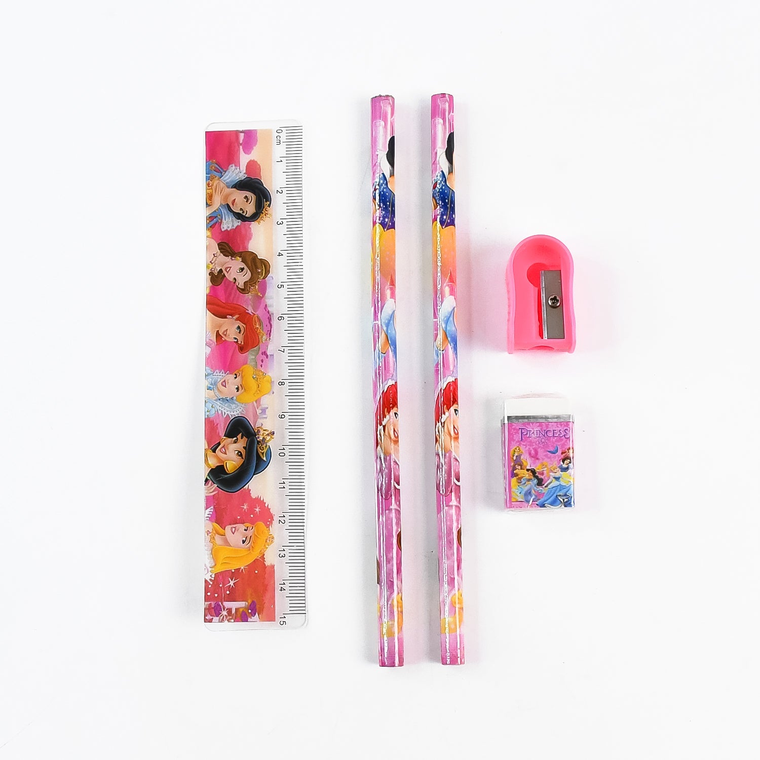 The full 5-piece cartoon stationery set neatly arranged on a white surface.