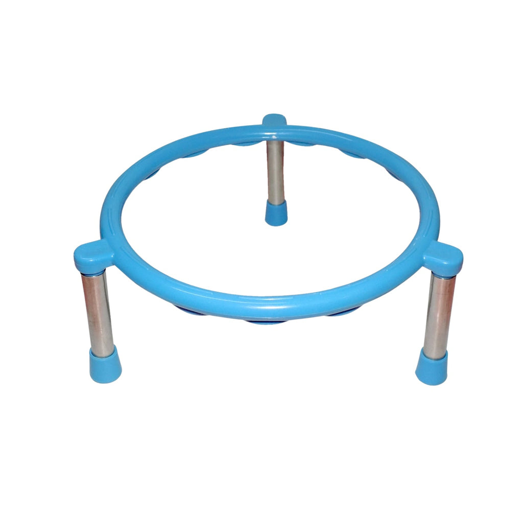 Top-down view of the single ring matka stand made of gleaming stainless steel.