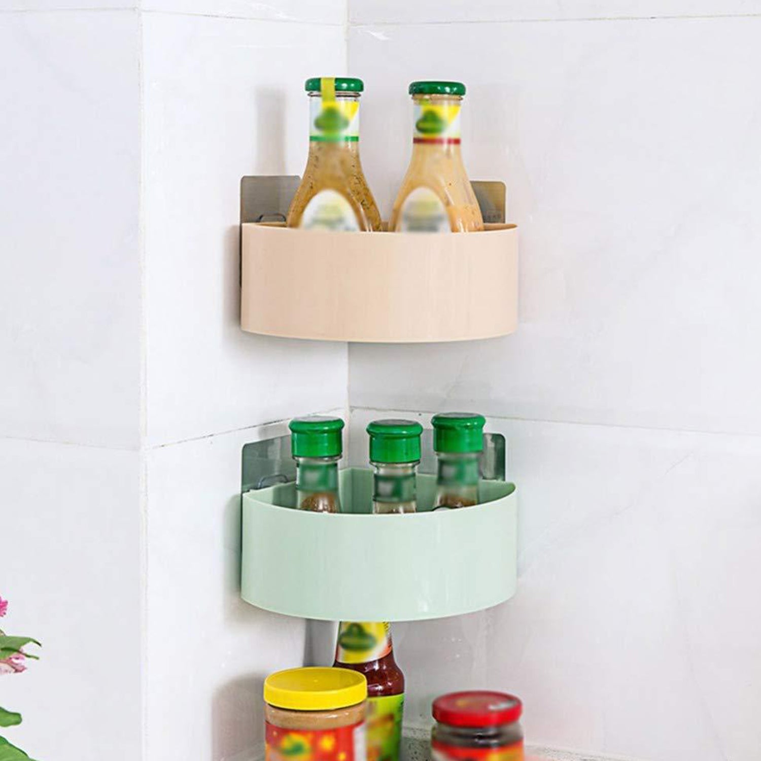 Compact bathroom storage rack holding toiletries, demonstrating space-saving design.