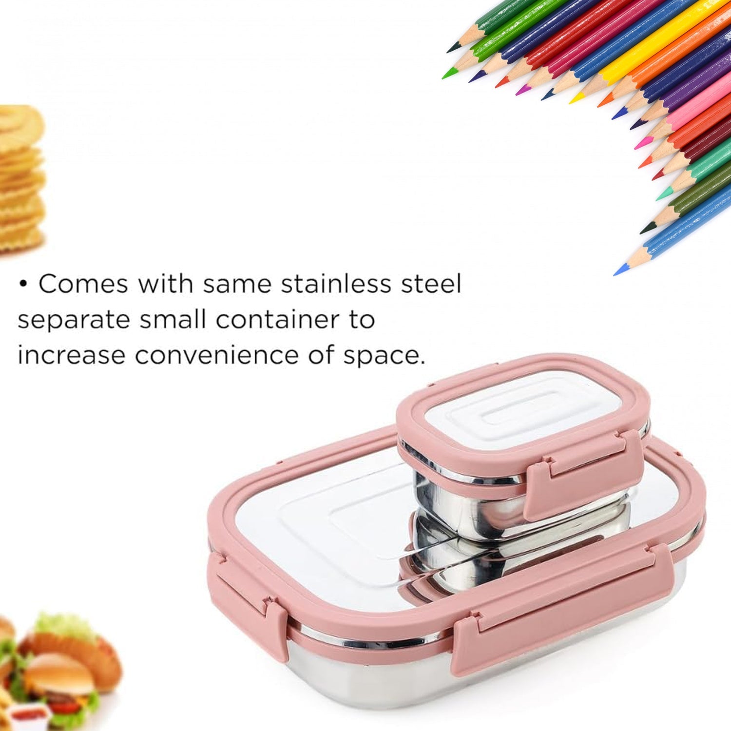 Overhead view of a single stainless steel lunch box, showcasing its ample space.
