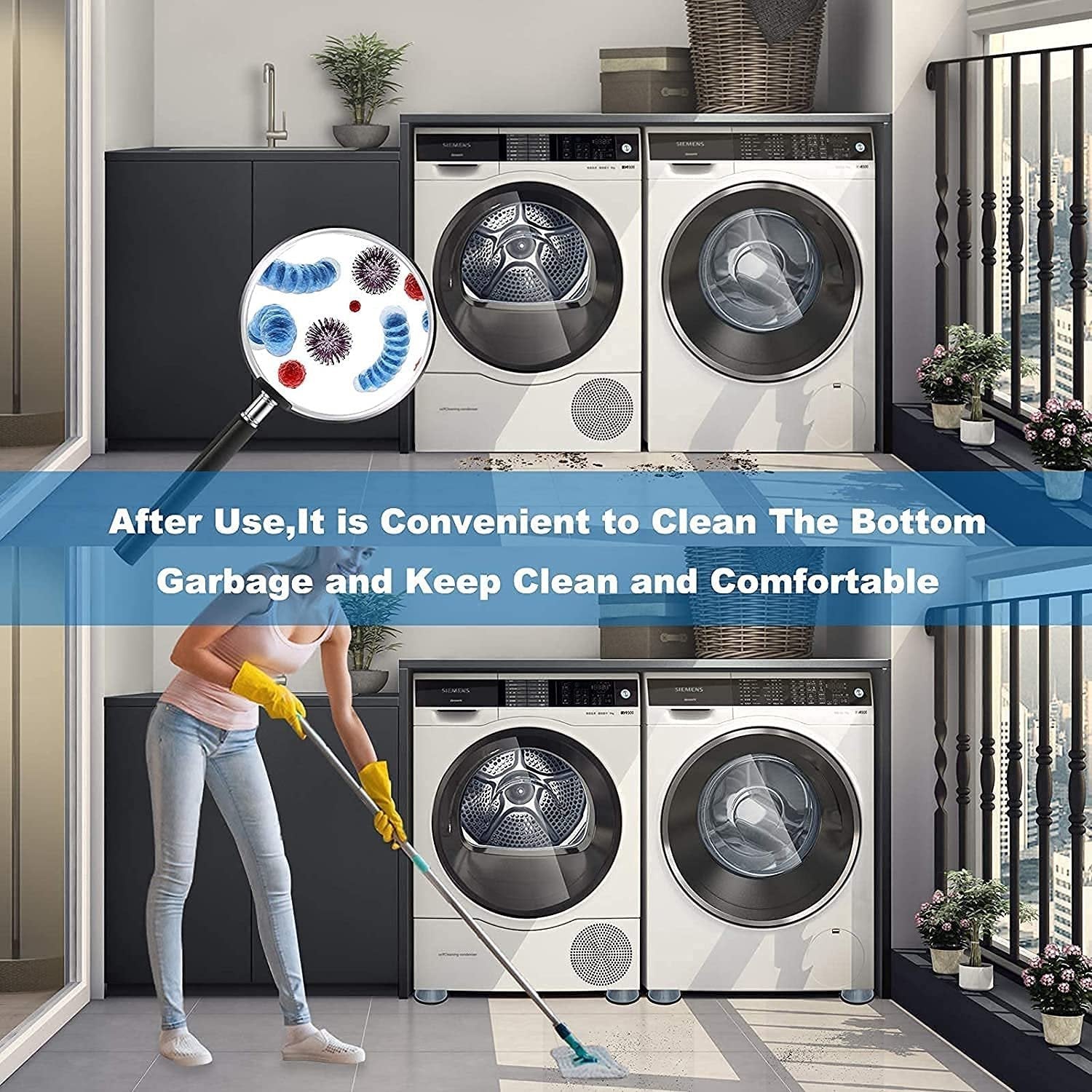 Noise reducing suction cup pads creating a quieter laundry experience.