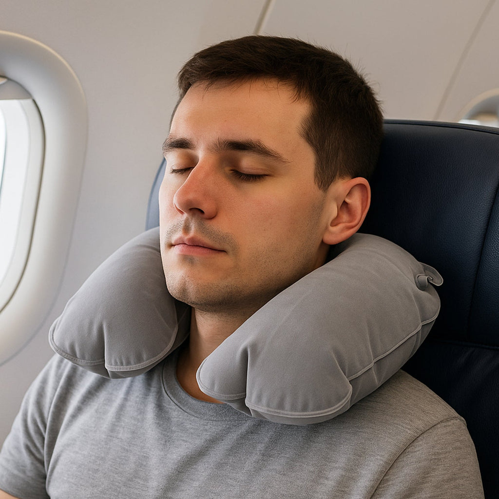 Compact inflatable travel pillow with white exhaust button