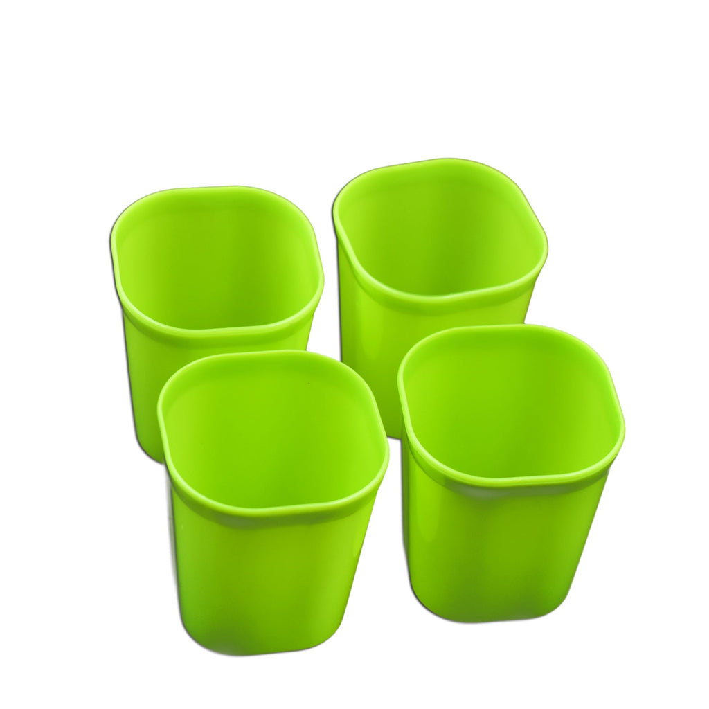 Stackable and lightweight plastic drinking glasses in a set of four.