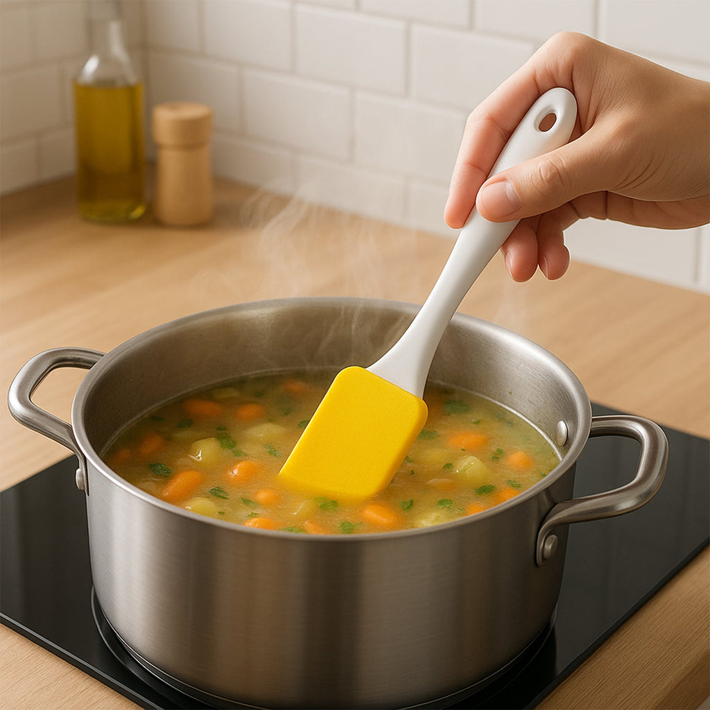 Assorted silicone spatulas and pastry brushes arranged in a modern kitchen setting.