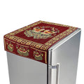 Cotton fridge top cover with peacock design and side pockets on a refrigerator.