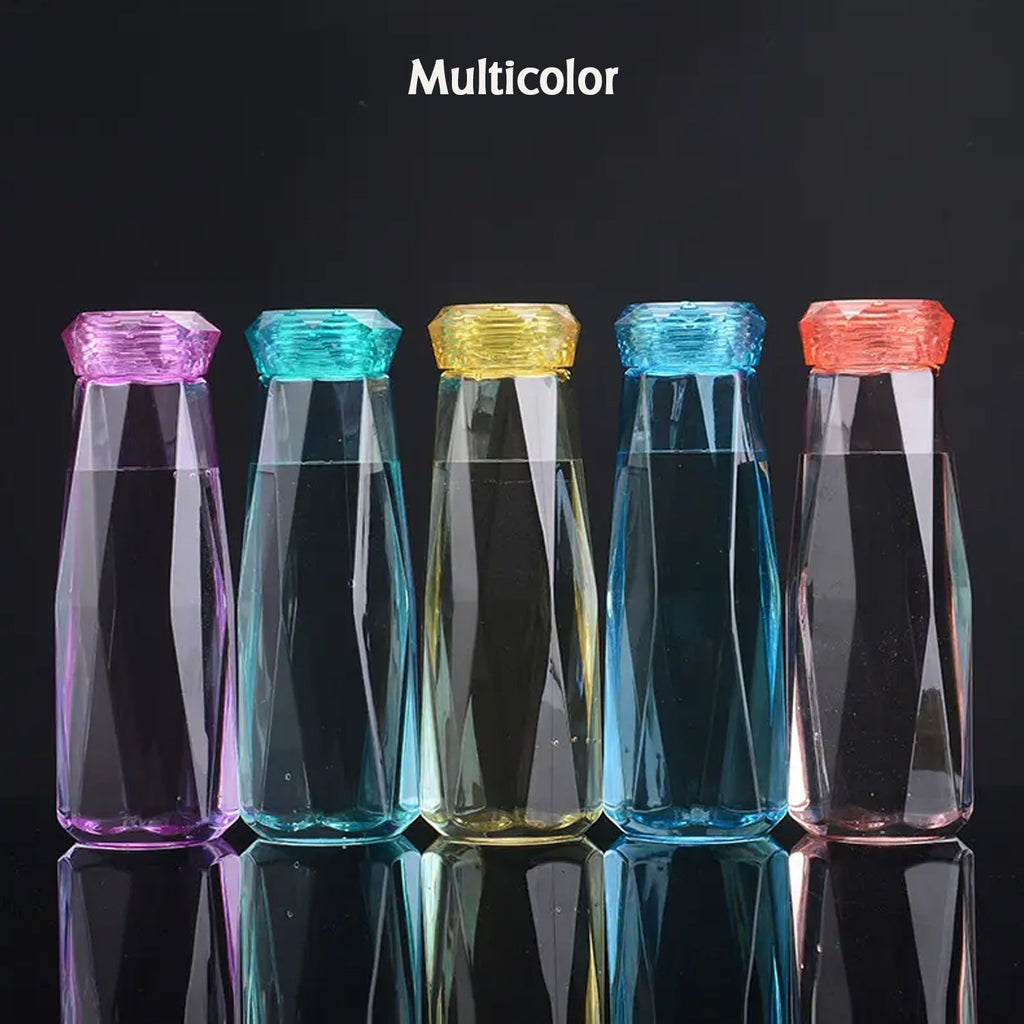 Transparent glass water bottle fitted with plastic cover for safety