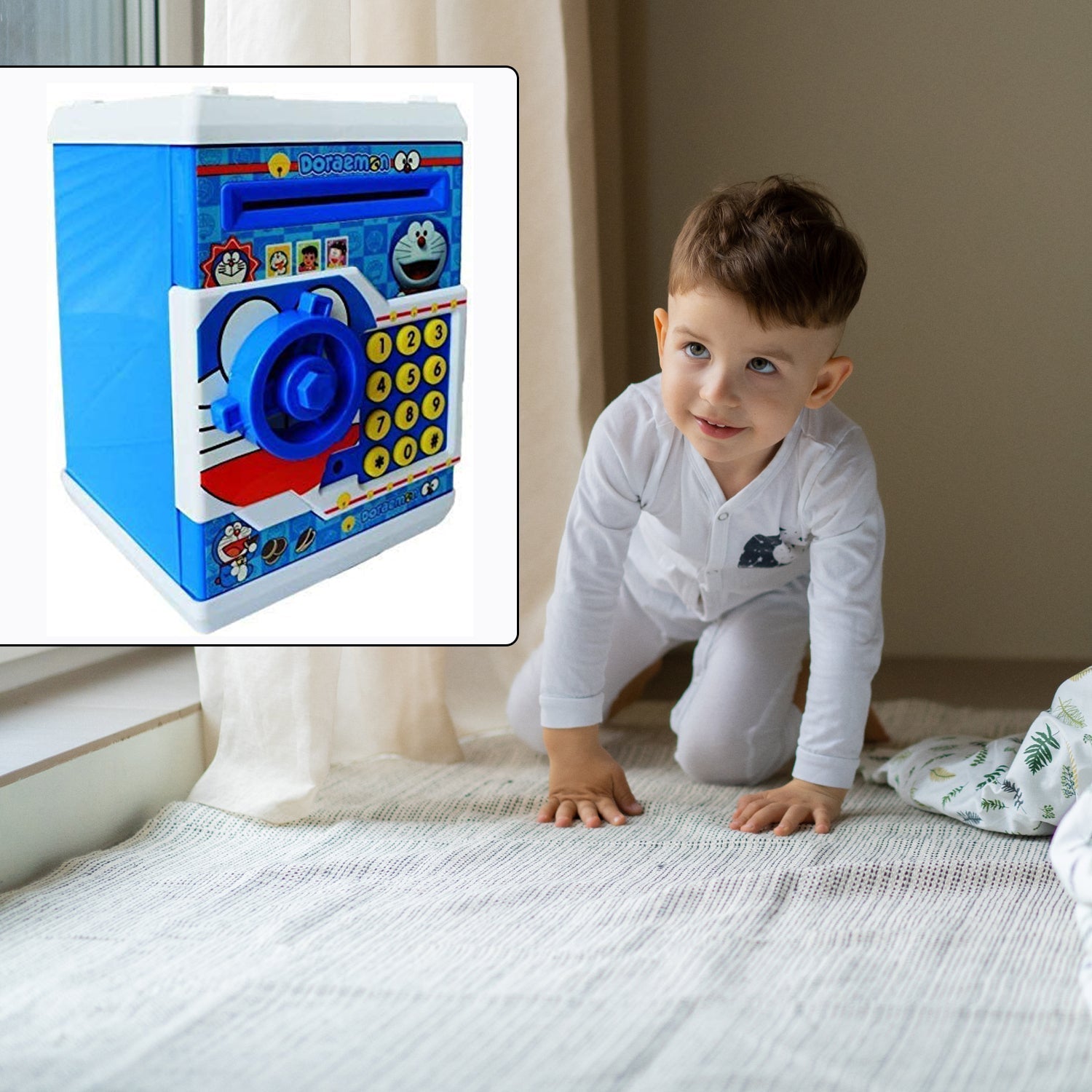 Child joyfully interacting with their password-protected electronic piggy bank.