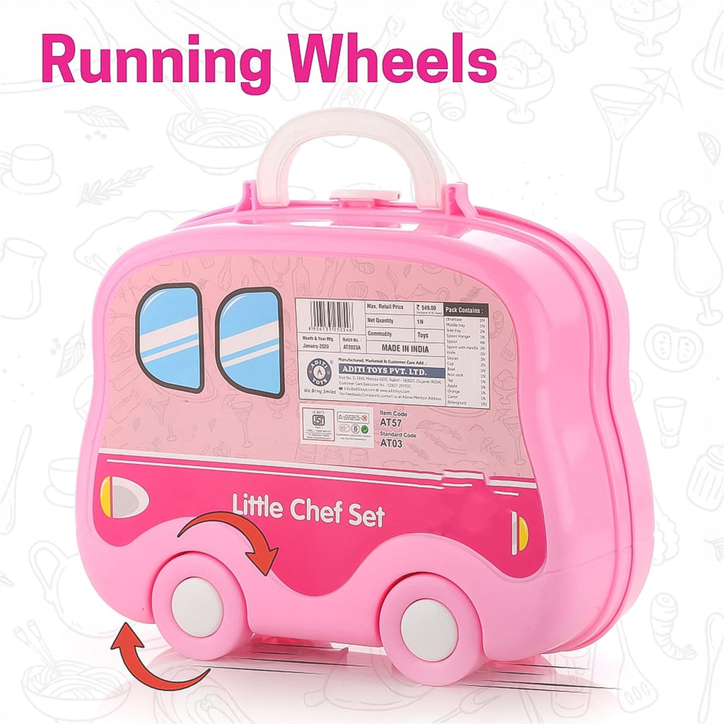 Kids portable kitchen play set opened up for play with a child's hand