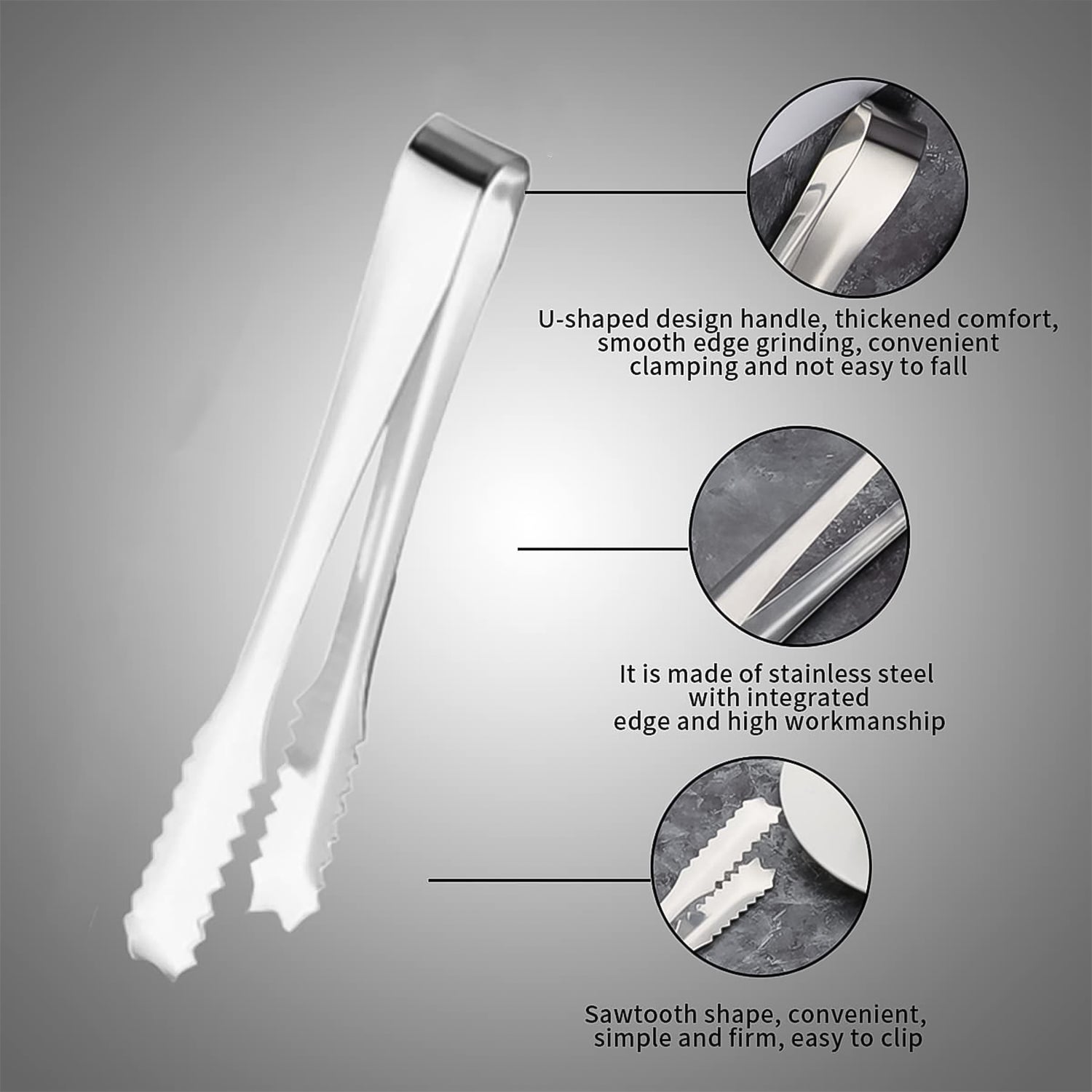 Set of two stainless steel serving tongs on a clear glass plate.