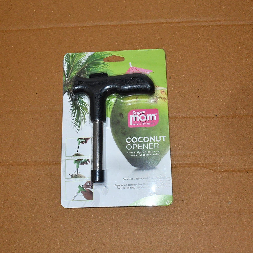 Steel and plastic coconut opener tool designed for safe coconut piercing