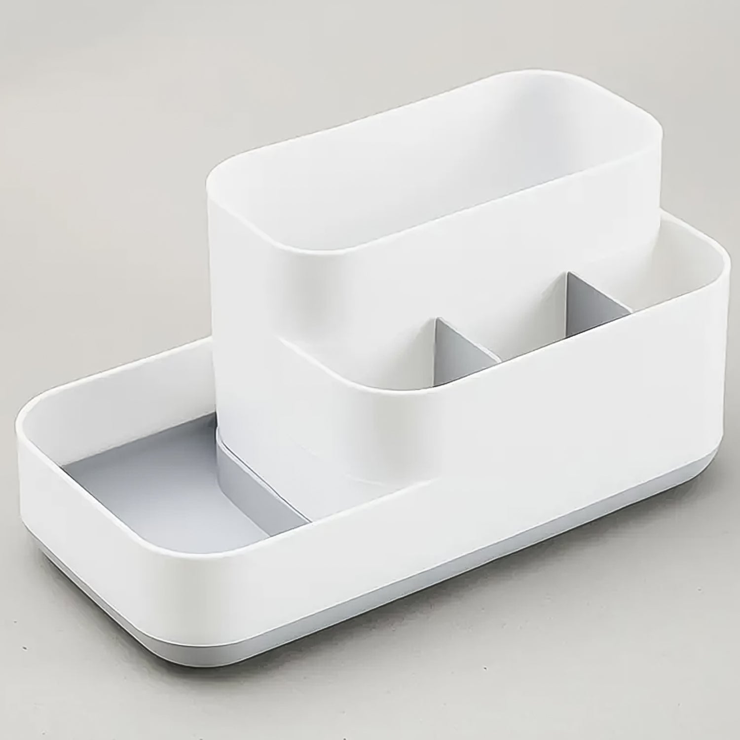 Tabletop storage accessory: a plastic desk organizer for everyday items.