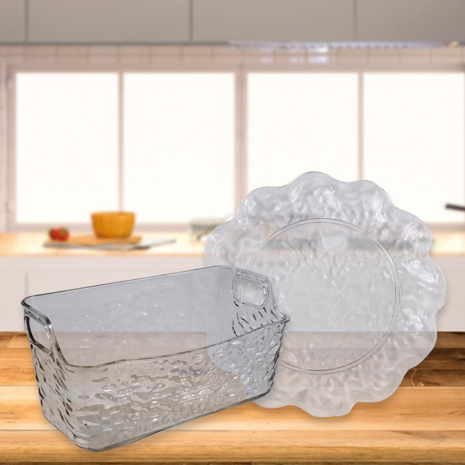 Floral pattern plastic serving tray as part of plates set