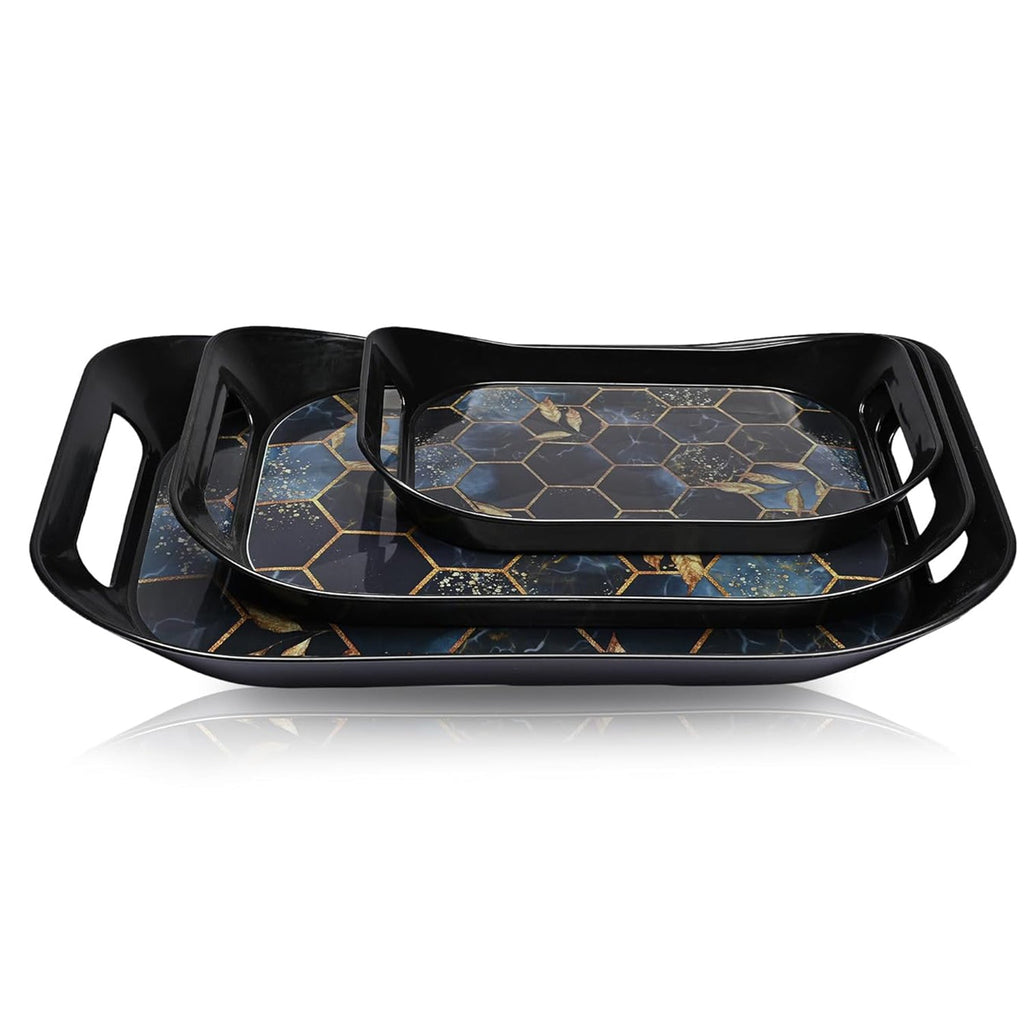 Elegant plastic serving tray set with eye-catching golden hexagonal print