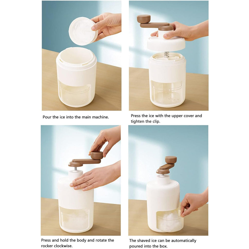 Ice shaver machine on a kitchen counter, showcasing its hand-cranked design.