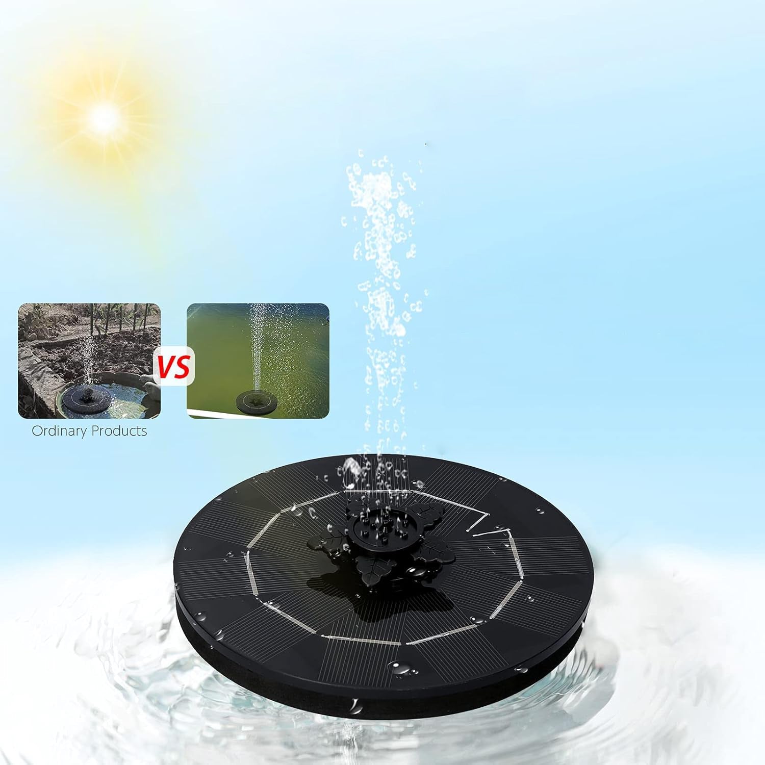 Different spray patterns created by the solar floating water fountain's interchangeable nozzles.
