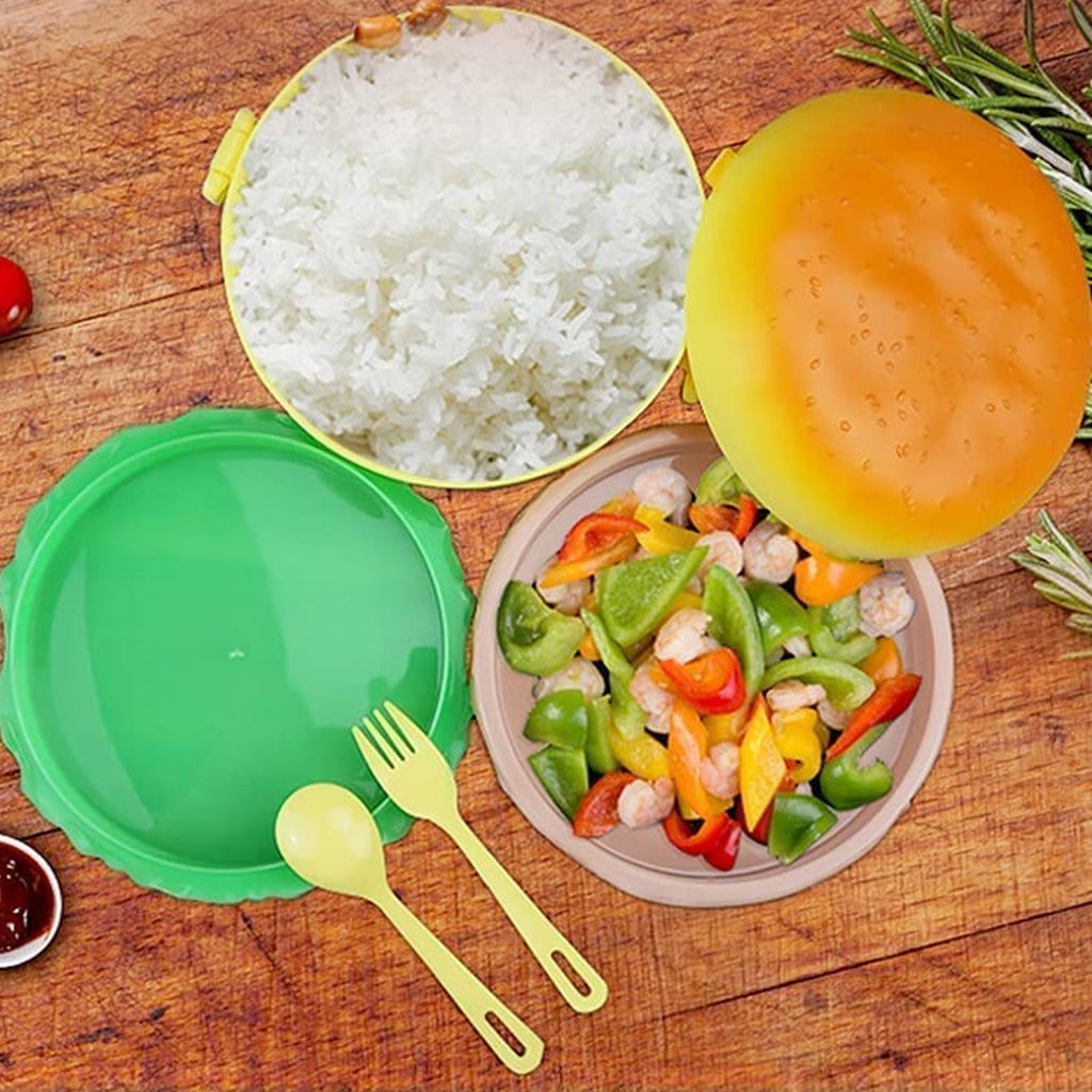 A vibrant burger shape lunch box filled with a balanced meal for kids.