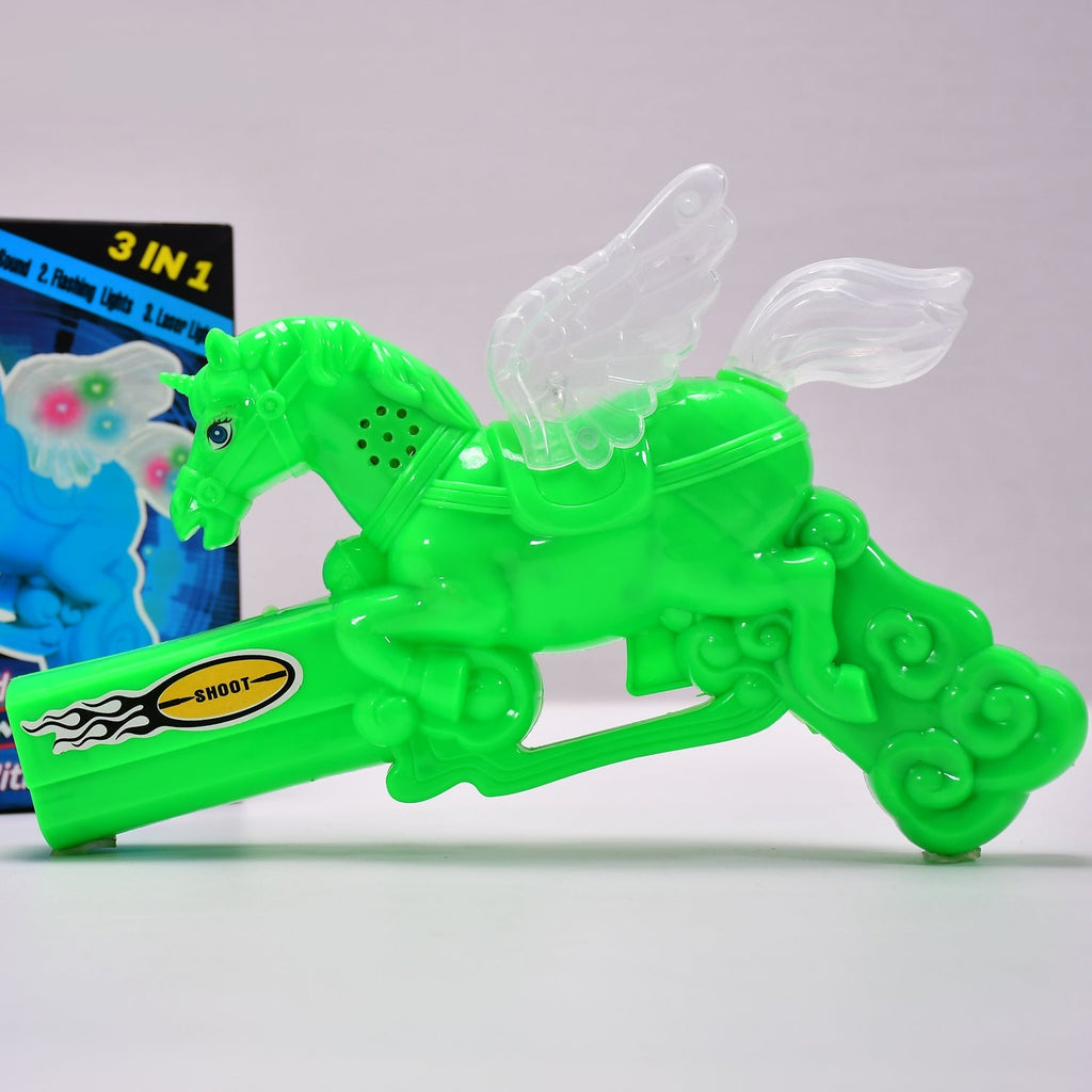 Child holding a colorful musical laser light toy gun with bright effects.