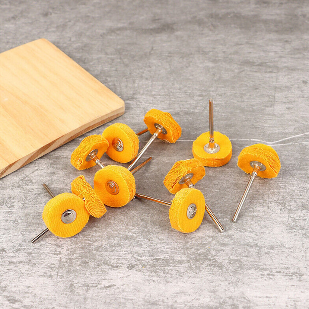 Close-up of the polishing buffer wheel set with rotary drill compatibility.