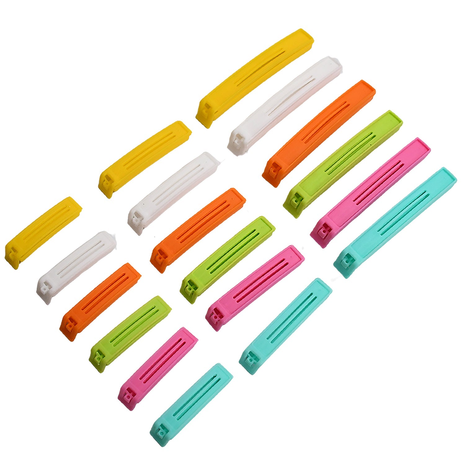 Various food items like bread and snacks kept fresh with plastic food clips.