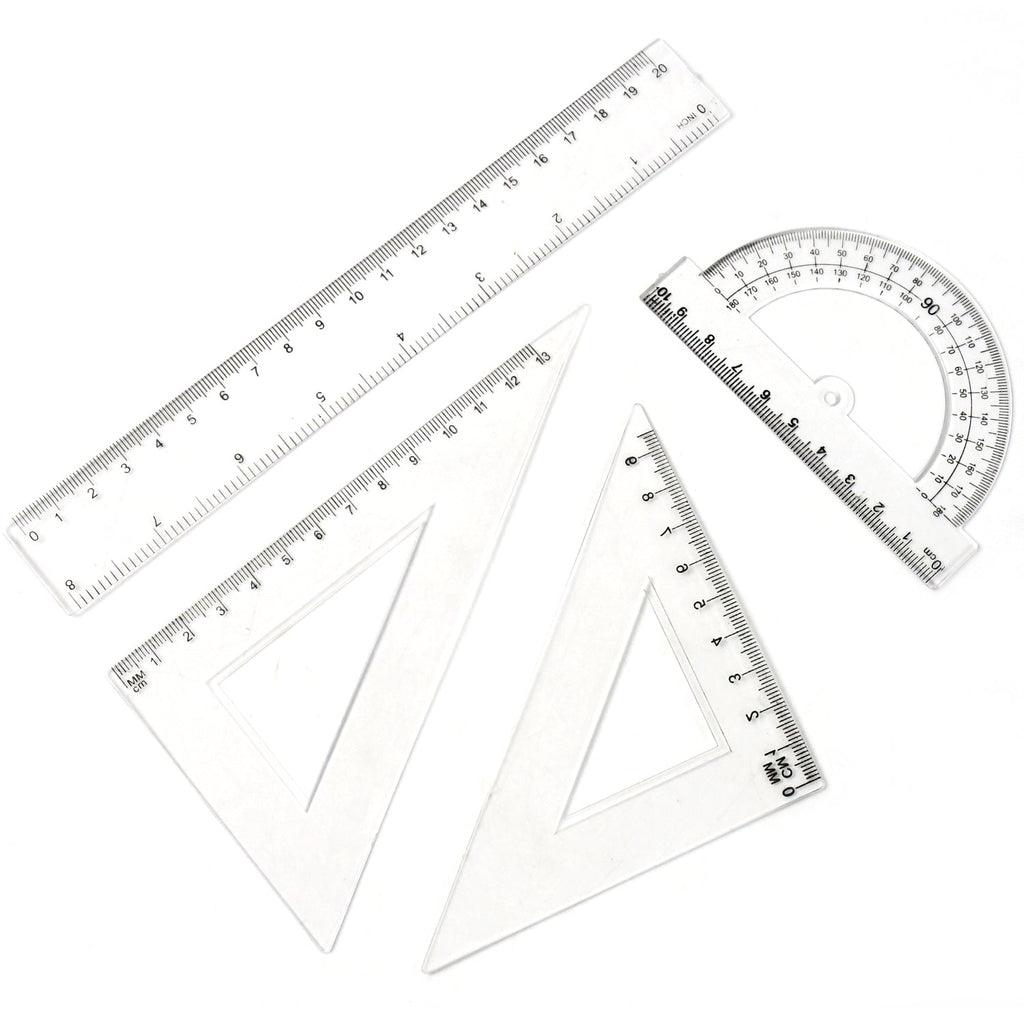 Triangle scale and protractor in clear plastic geometry measurement set
