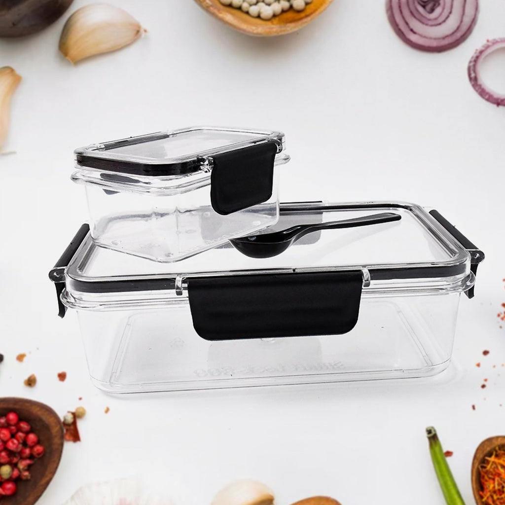 Big and small airtight plastic containers sealing fresh groceries and spices