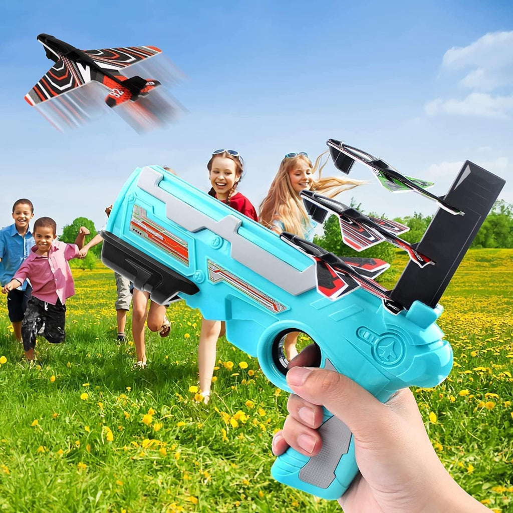 Kids' airplane launcher toy with five colorful foam planes ready for flight.