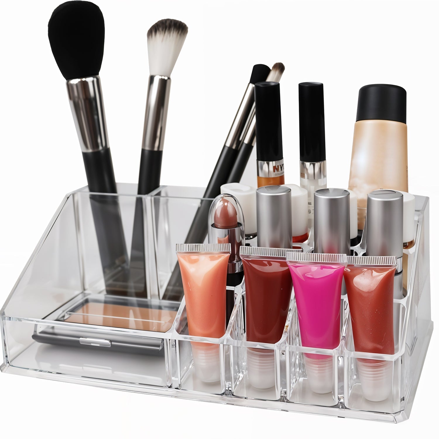 Top view of acrylic makeup organizer showing 16 clear compartments