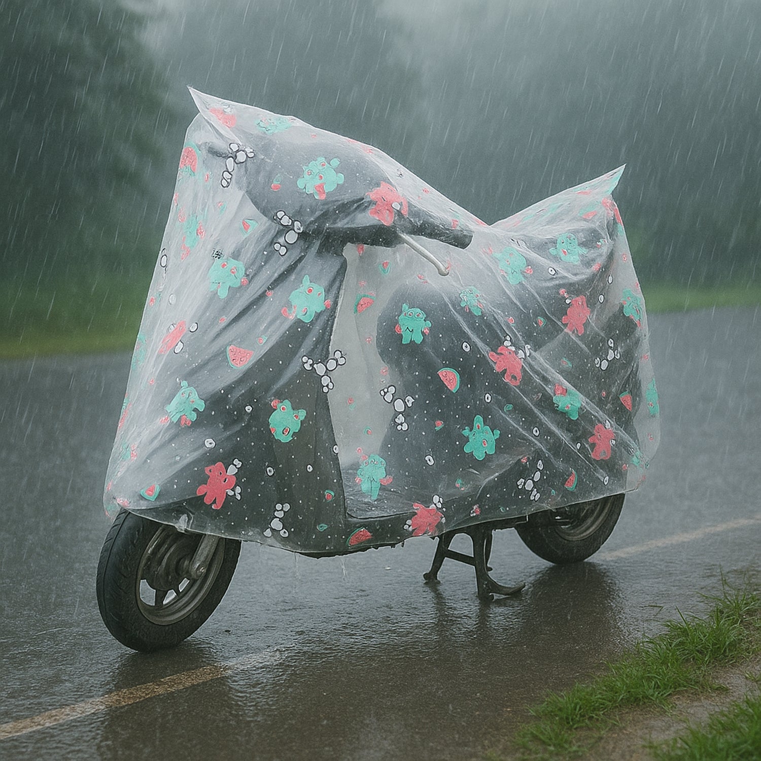 Lightweight foldable scooter rain cover with printed design ready for rainy season