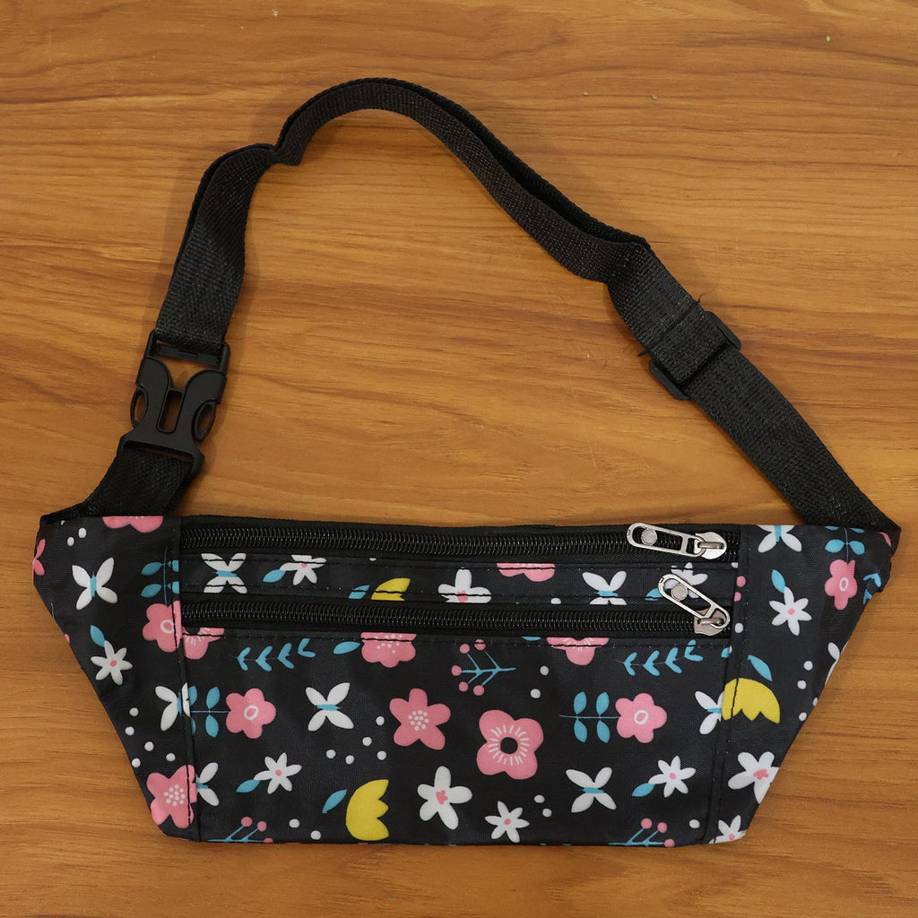 Hands-free floral print waist pouch with adjustable strap