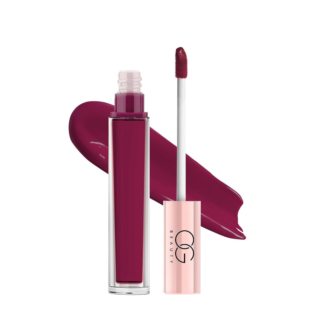 Smiling model wearing the stunning, long-lasting Vintage Wine Liquid Lipstick.