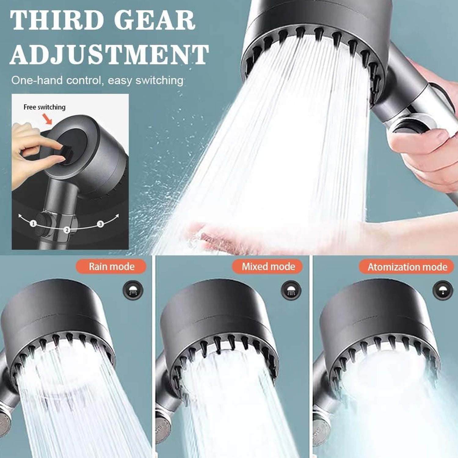 Adjustable Shower Filter Head demonstrating three invigorating spray modes.