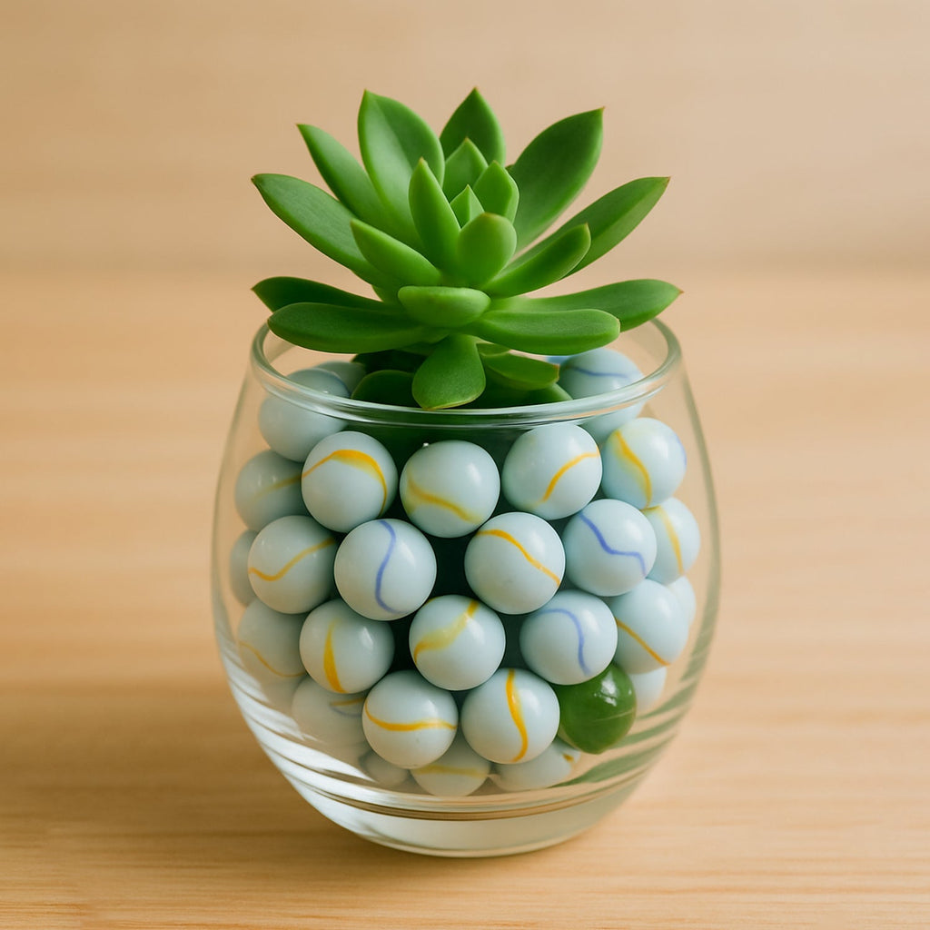 Assortment of white glass marbles with multicolored swirl designs for traditional games