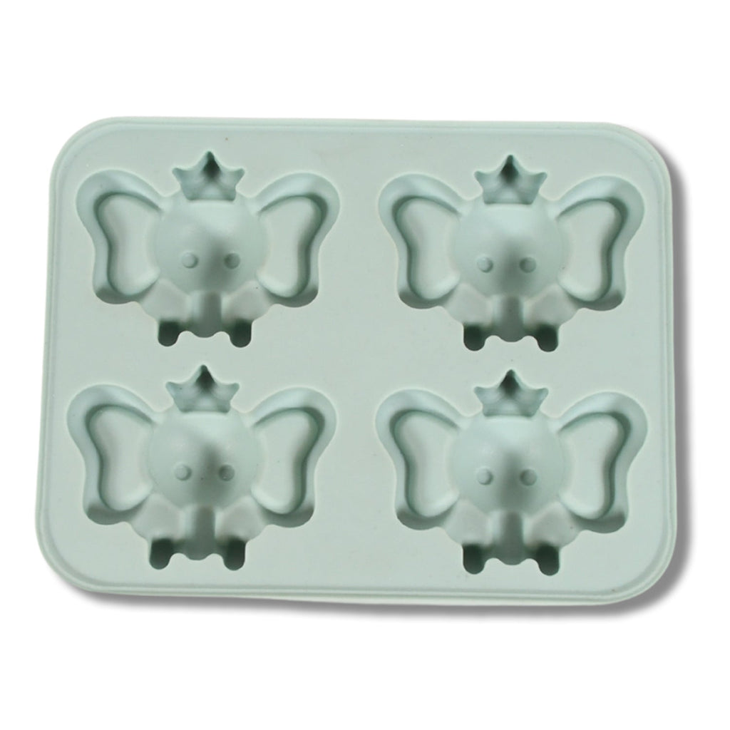Ice cubes in fun cartoon shapes being easily released from the silicone tray.