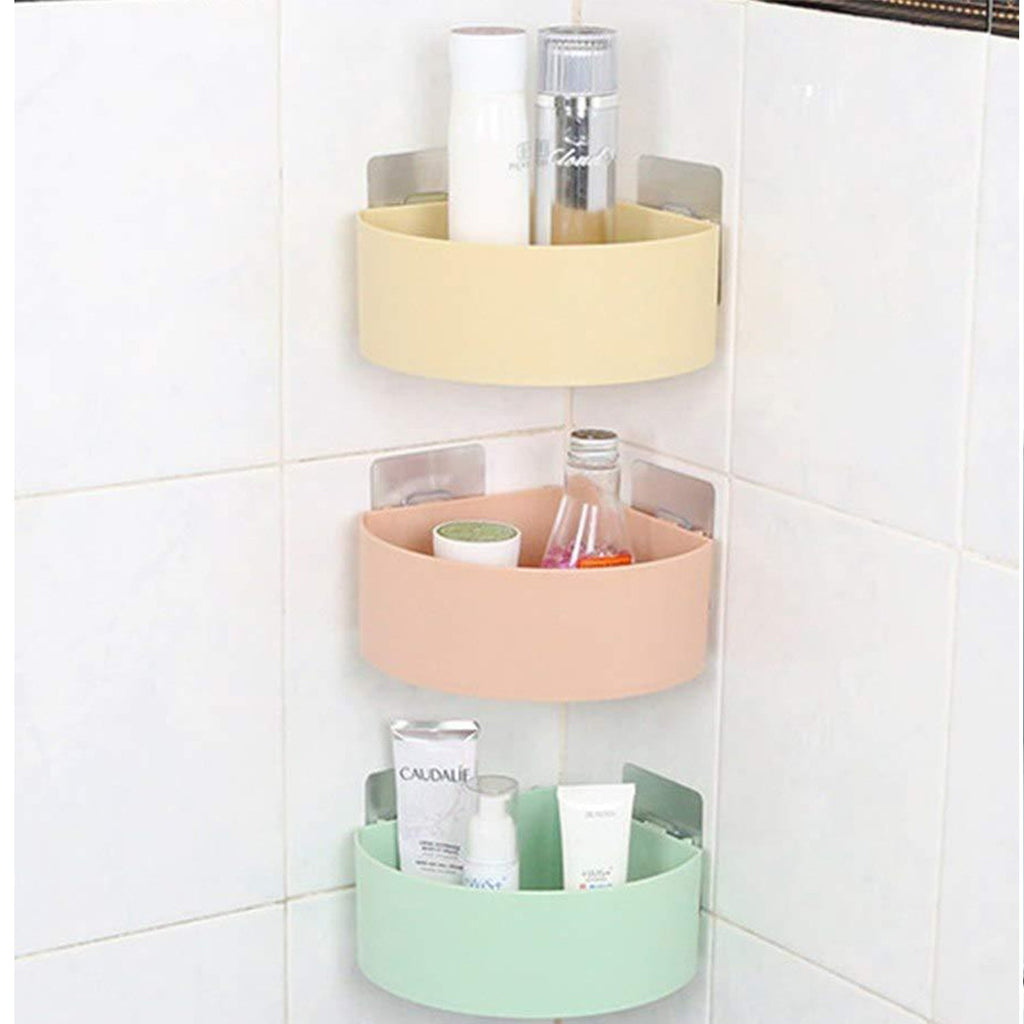 Plastic storage rack with convenient hanging hooks for kitchen or bathroom use.
