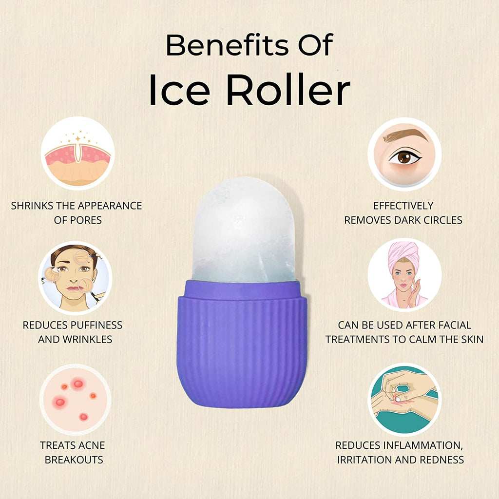 Angled view of the GlowForm purple ice roller, highlighting its ergonomic shape.