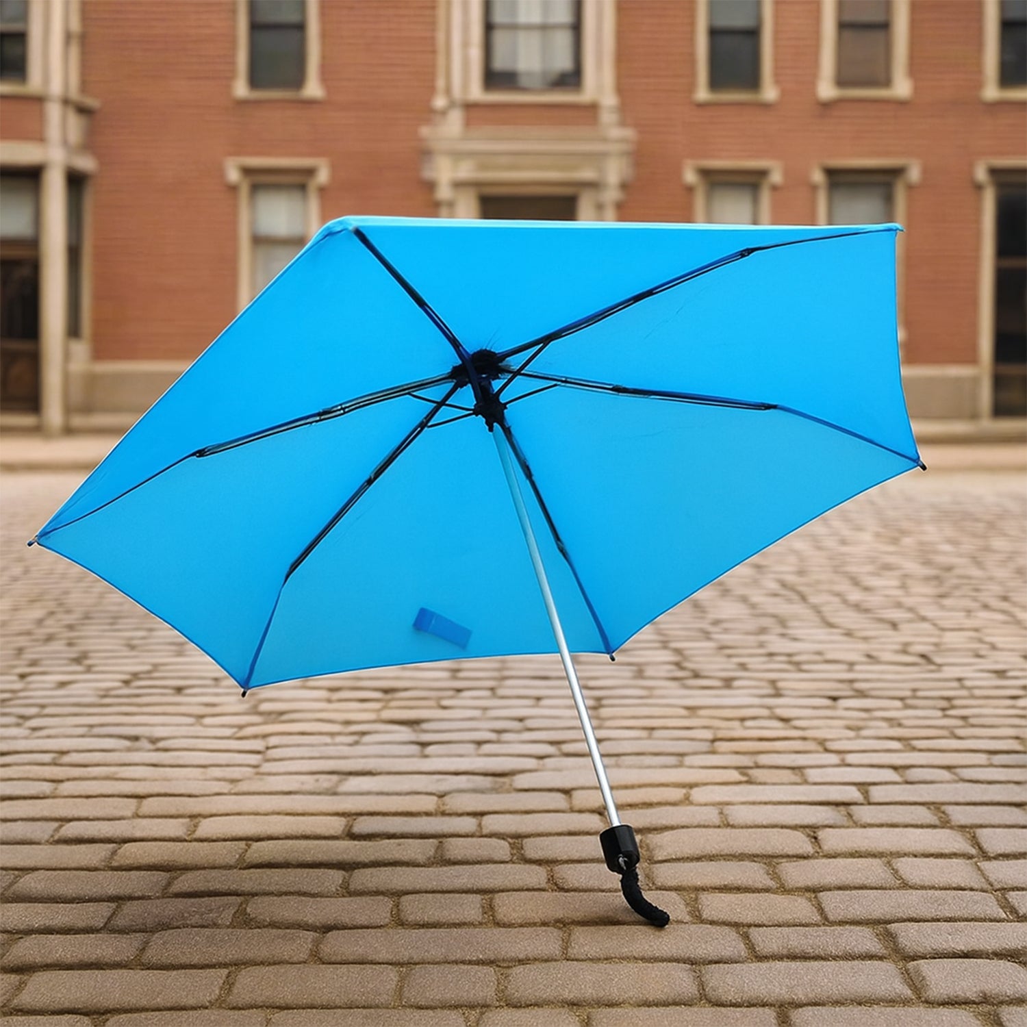 A close-up of the handle and canopy of the DrizzlePro 3-fold umbrella, emphasizing its quality and design.