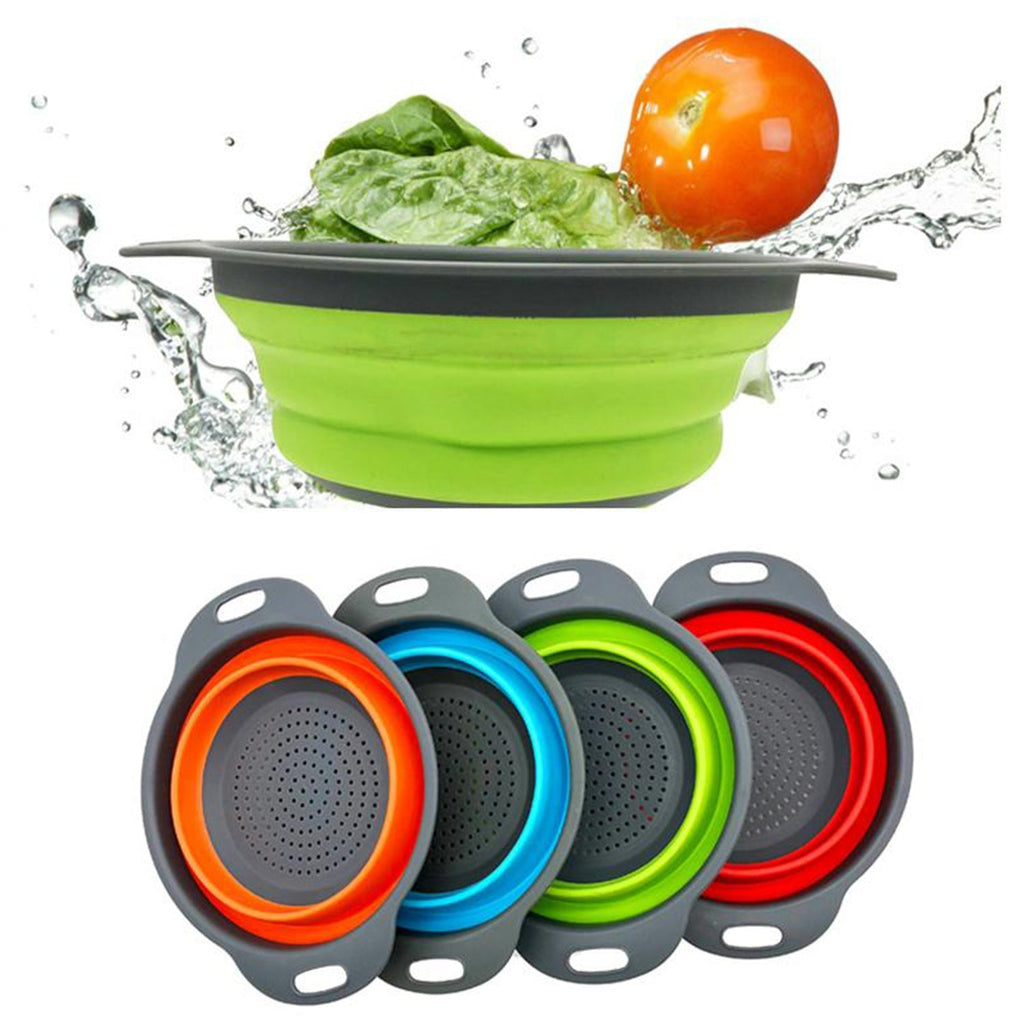 Foldable silicone strainer in use, draining pasta.