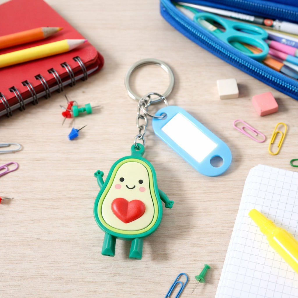 Lightweight avocado cartoon keychain with attached name tag for easy identification