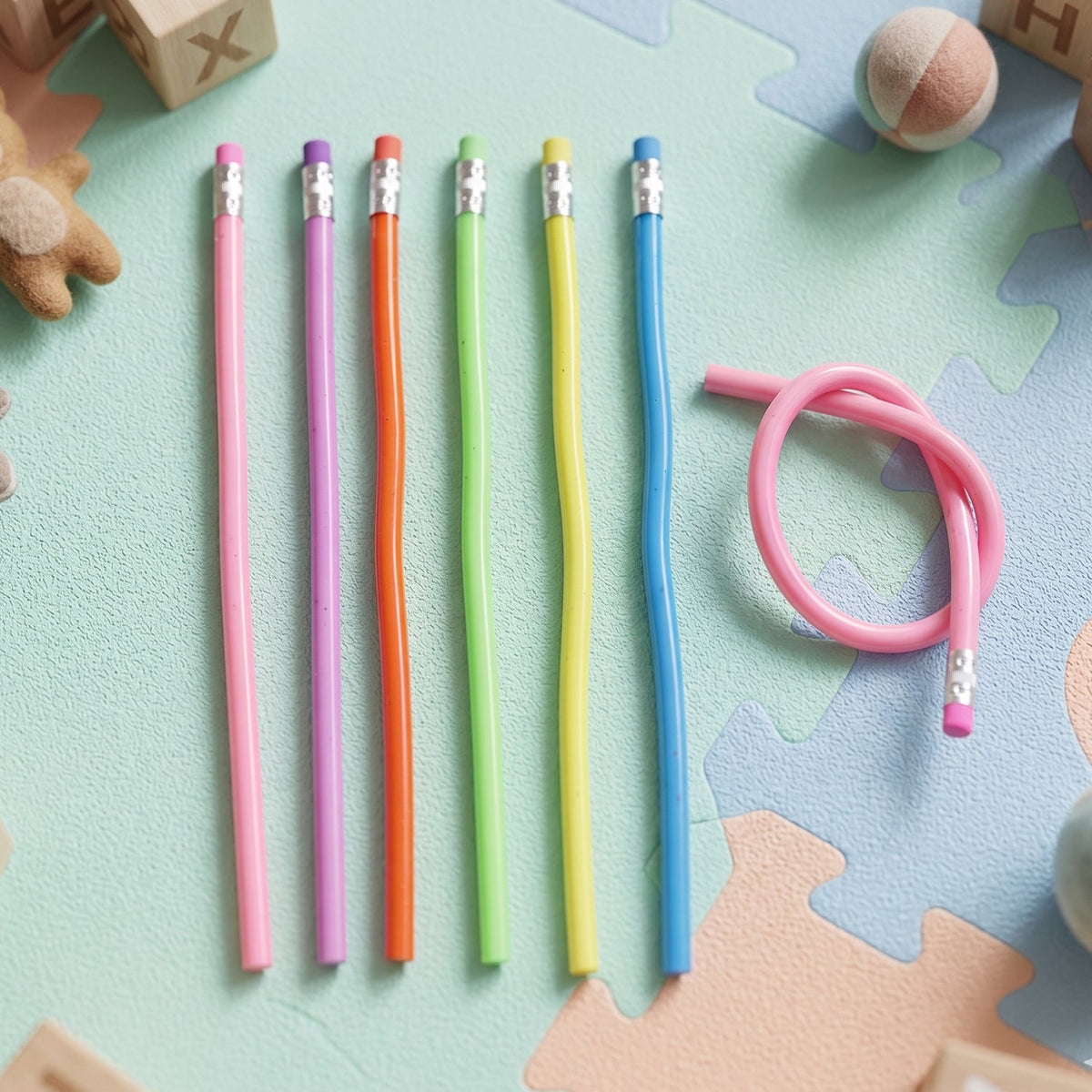 Close-up of pastel-colored flexible bendable pencils