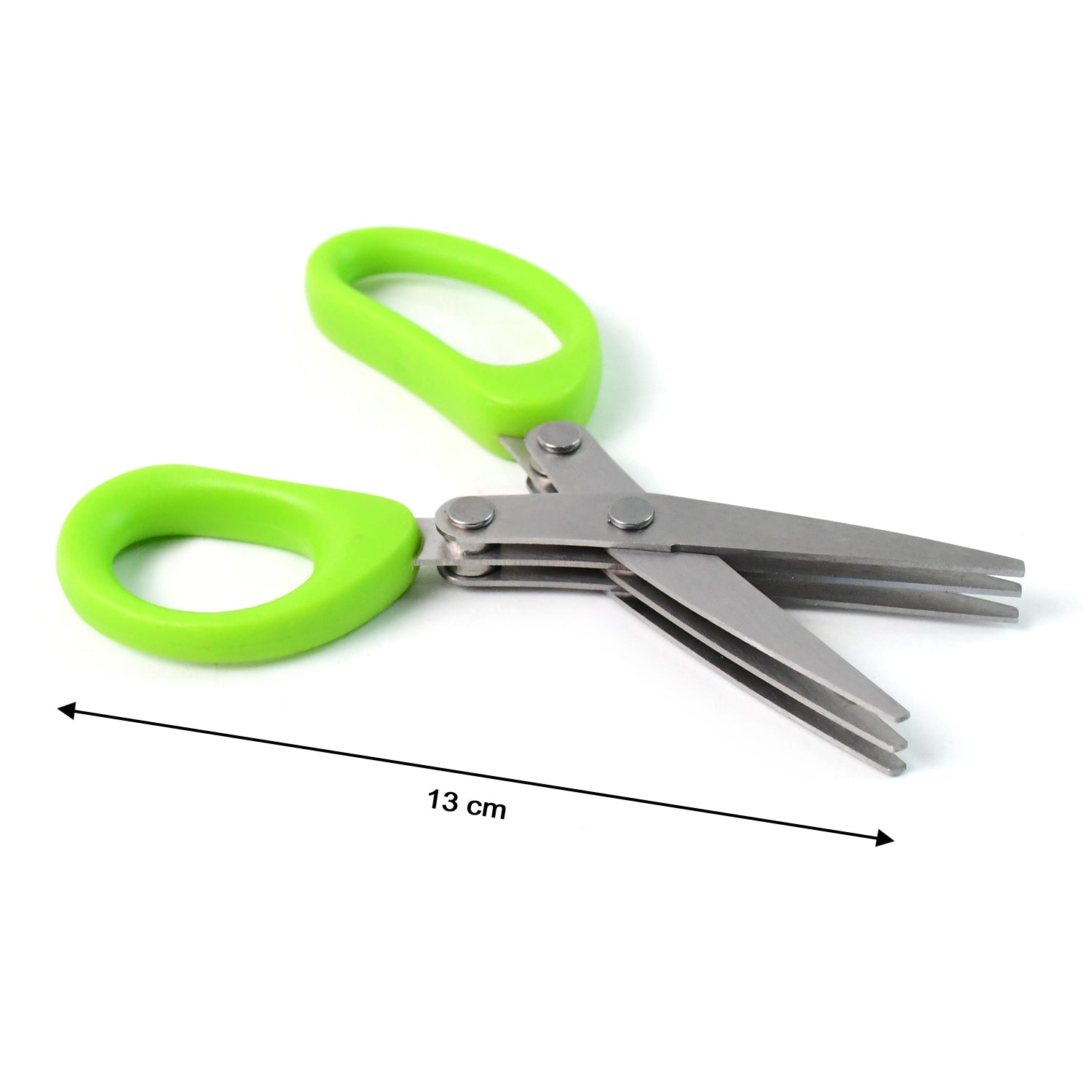 Close-up view of sharp stainless steel blades on 3-blade kitchen scissors