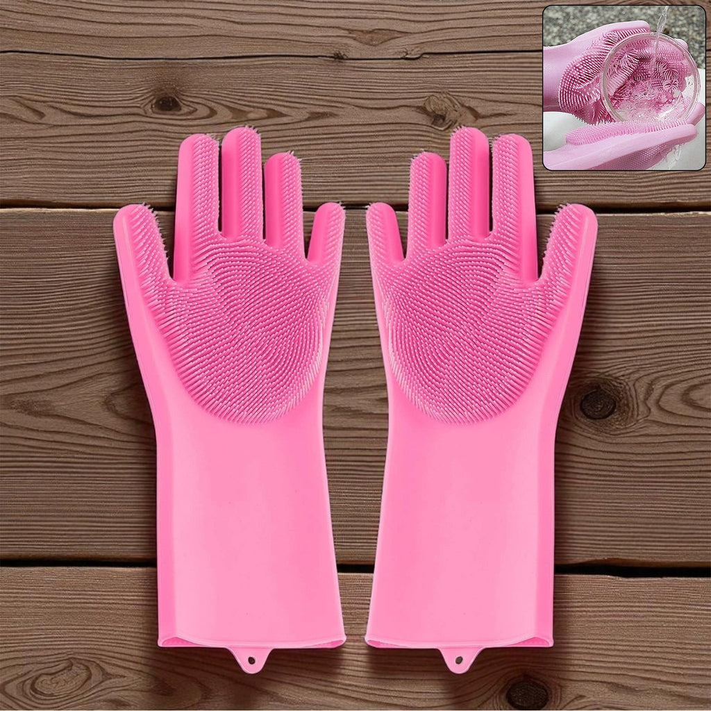 Pair of multicolor silicone cleaning gloves on a clean white background.