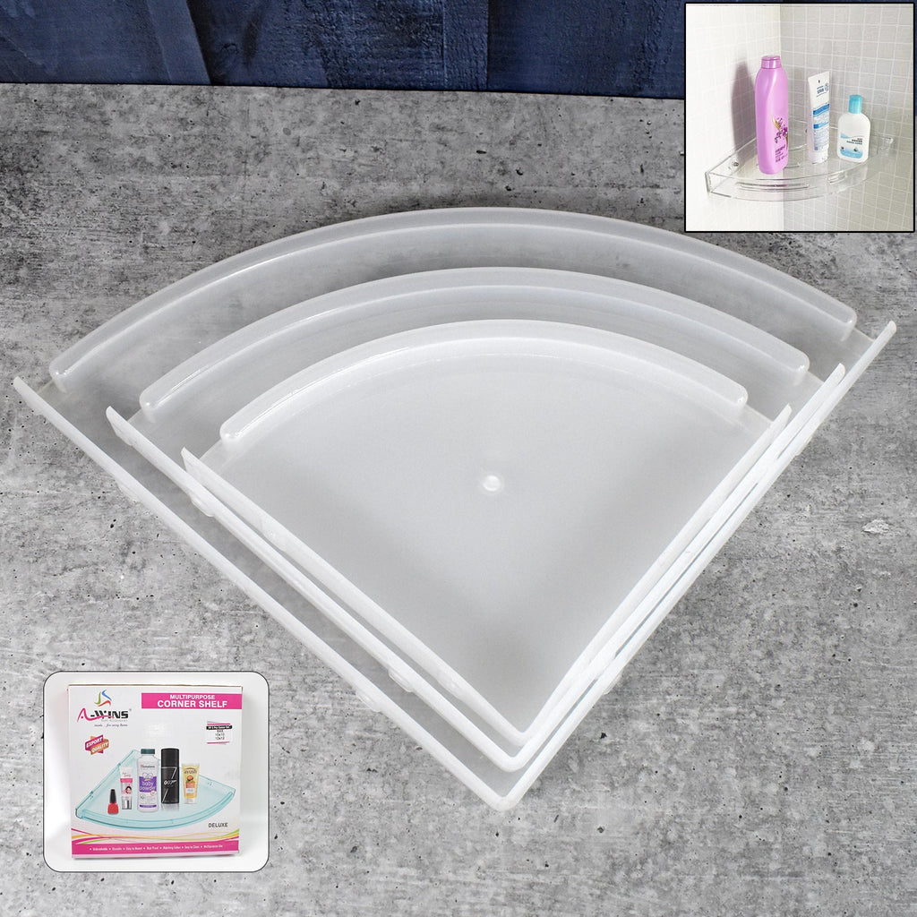 Three-piece white plastic corner shelf set displayed in a modern bathroom.