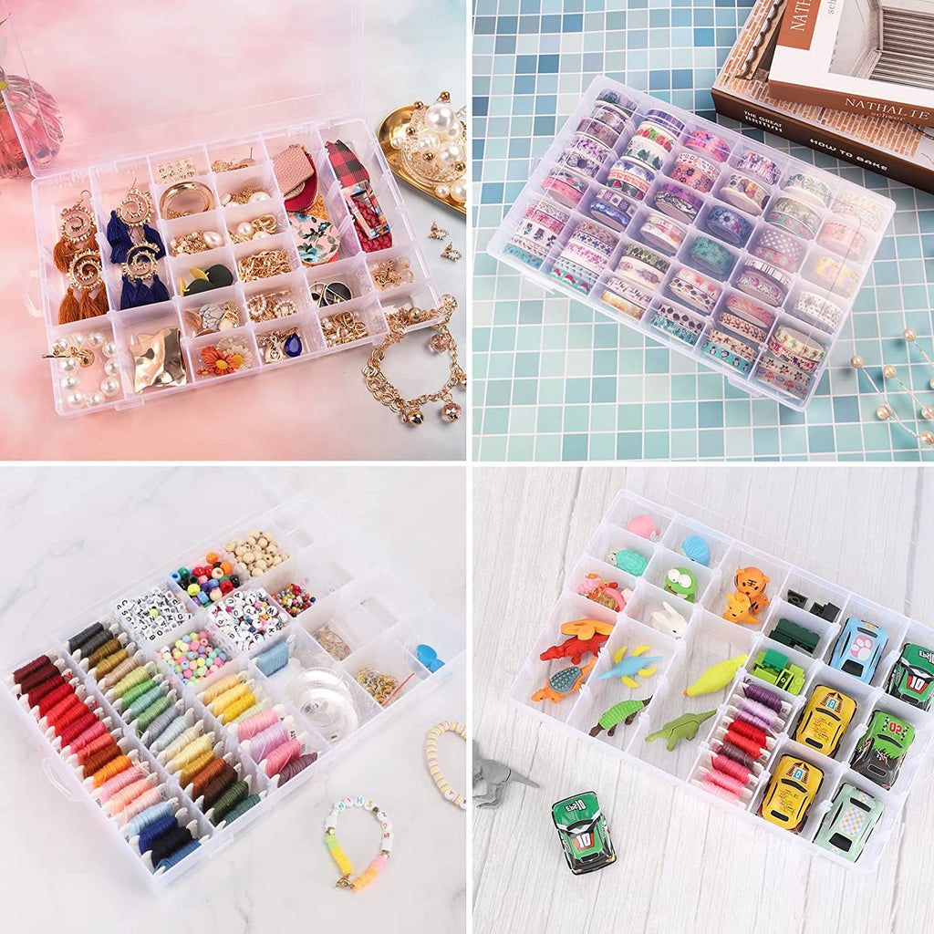 Top-down view of a transparent plastic organizer box with 36 compartments.