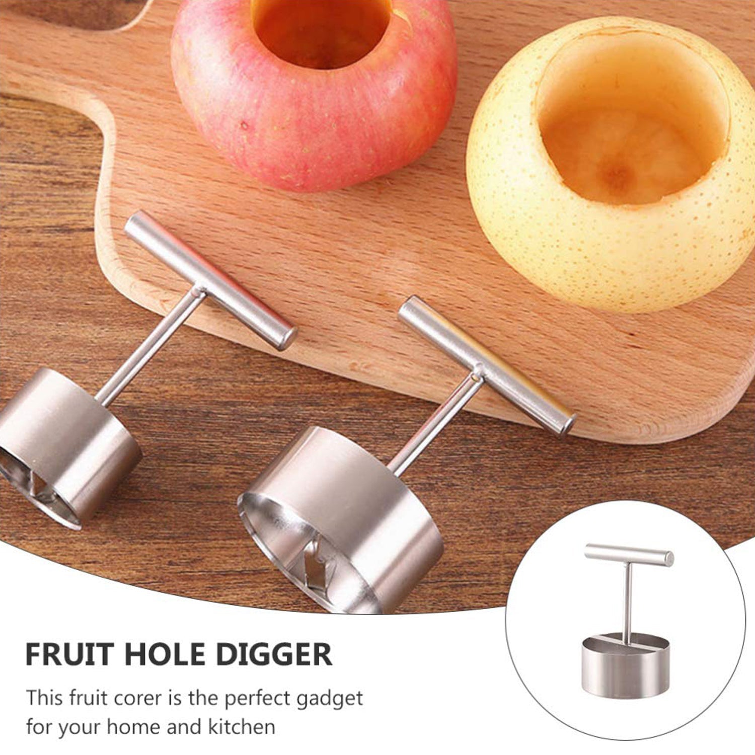 Detail view of the durable stainless steel construction of the fruit corer.