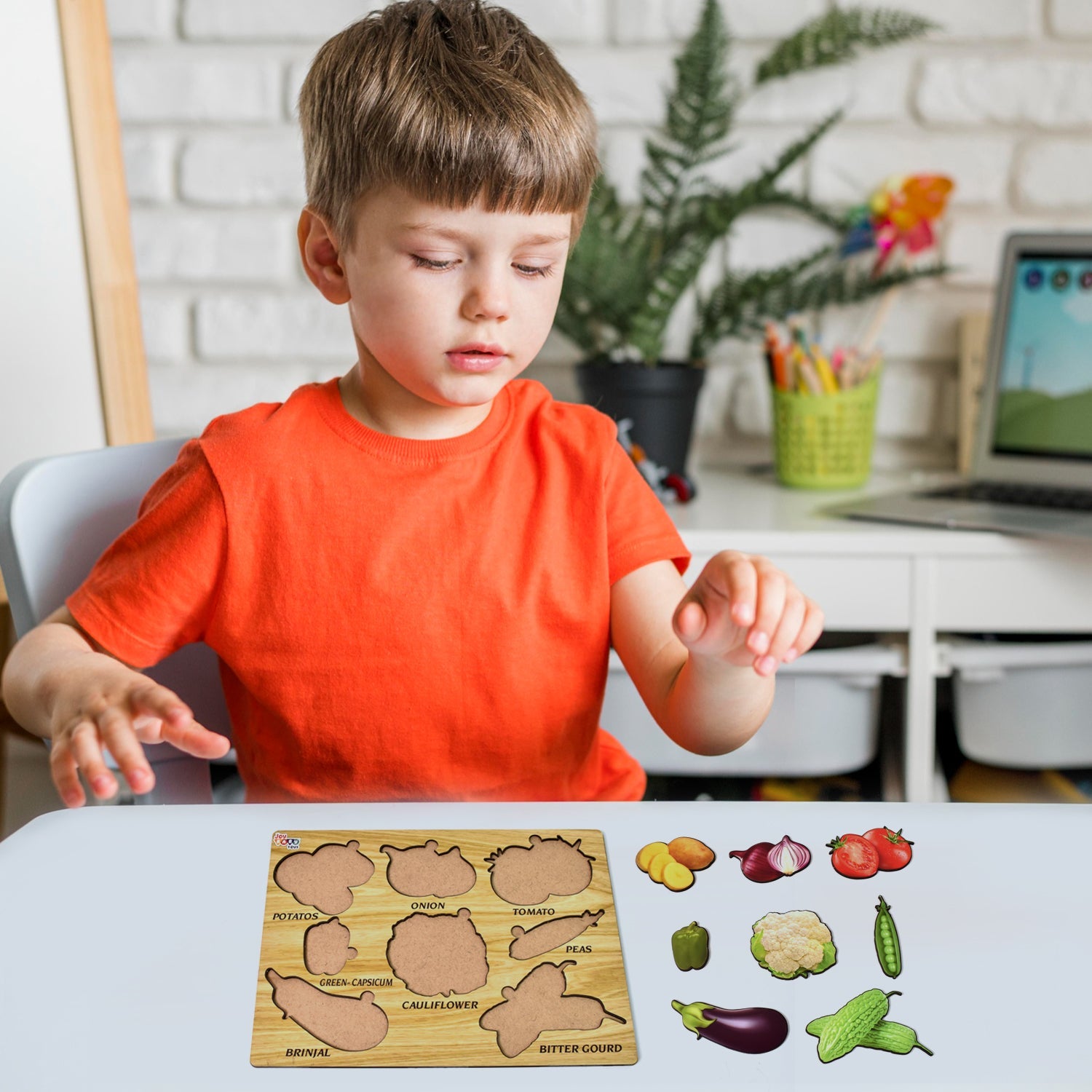 Complete wooden vegetable puzzle board showcasing various colorful vegetables.