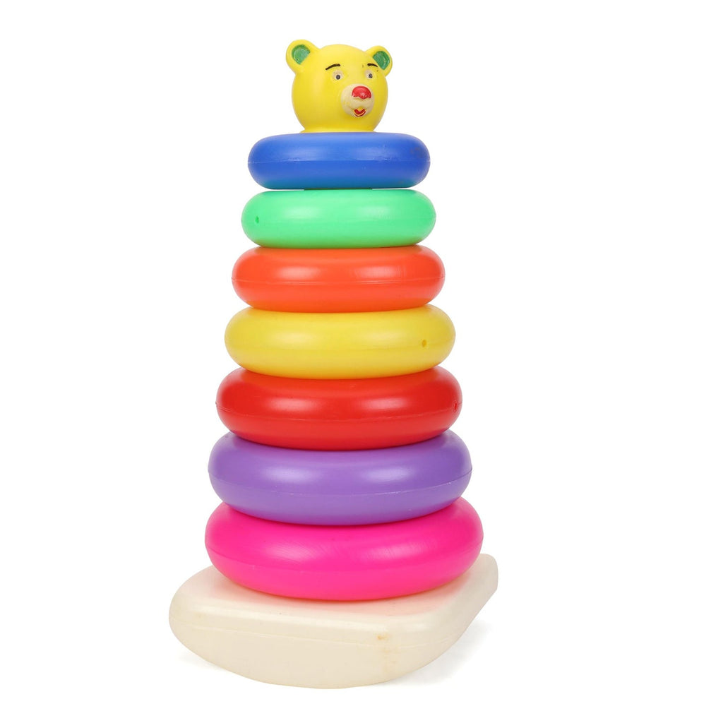 Complete set of 7 vibrant plastic stacking rings for educational play.
