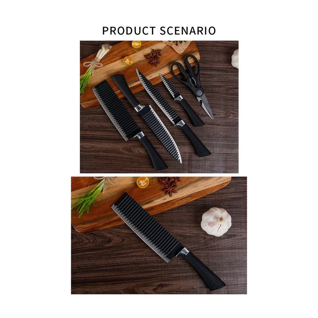 Chef's knife, peeler, and scissors from the premium stainless steel knife set.