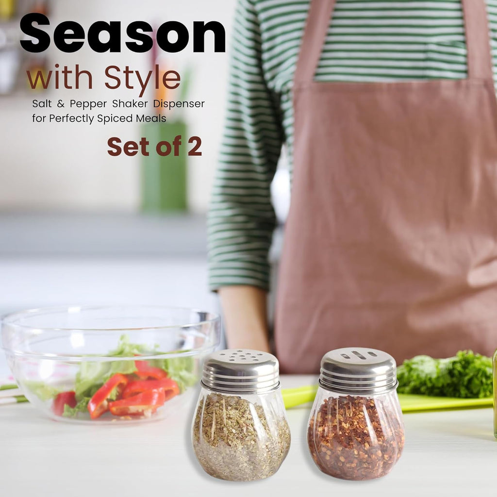 Side view of reusable oregano and chilli flakes dispensers with metal lids for controlled spice pouring