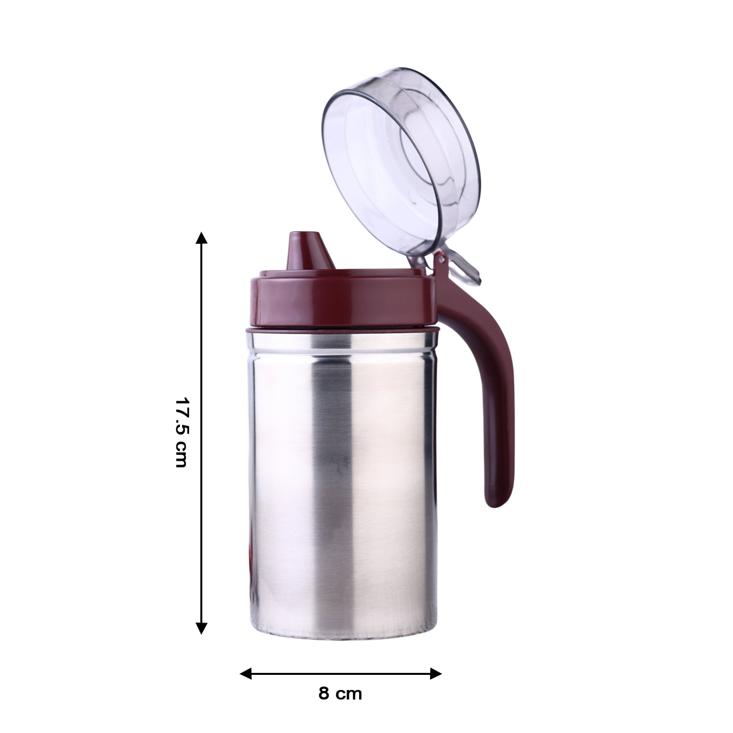 Compact stainless steel oil dispenser, perfect for any kitchen countertop.