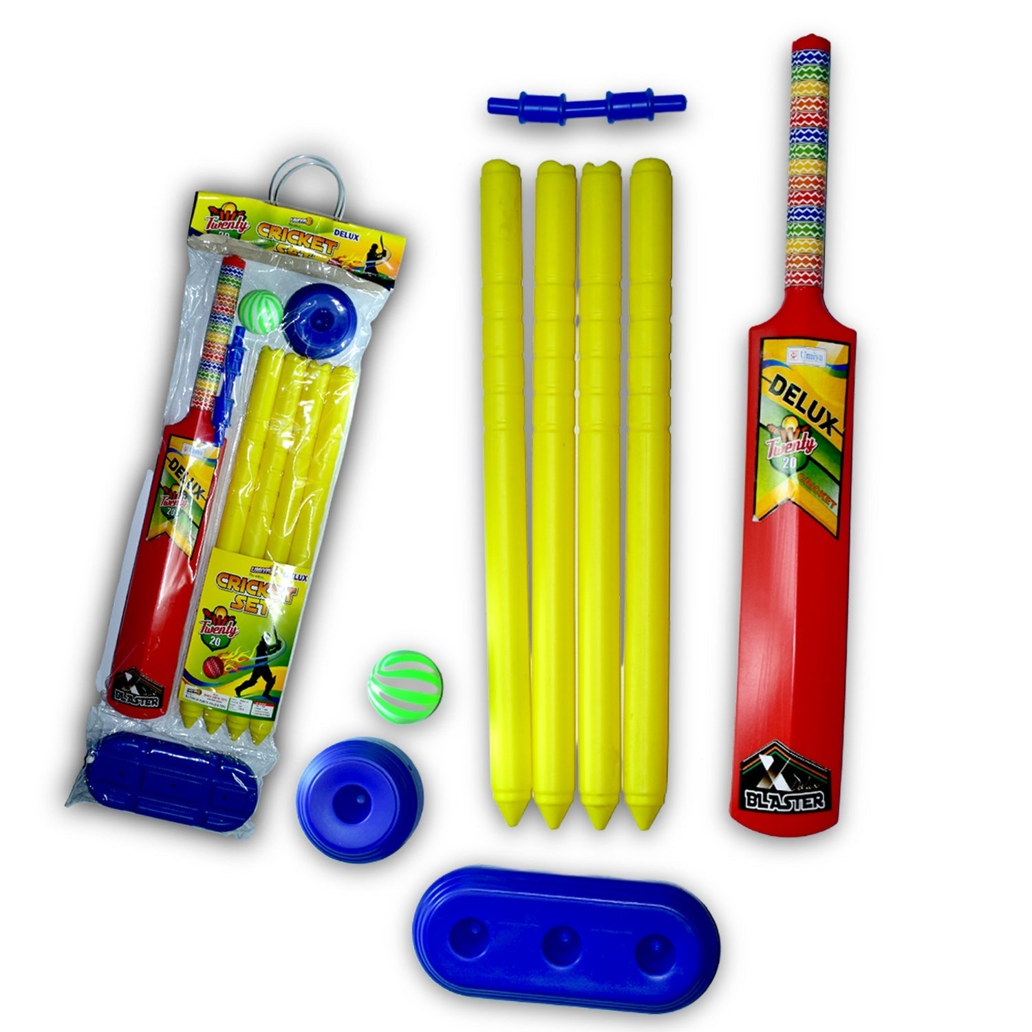 Overhead view of the plastic cricket set components, ready for a fun game of cricket.